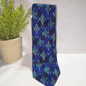GEOFFREY BEENE MENS TIE DIAMOND IN BLUE GREEN AND BLACK 100 SILK EUC